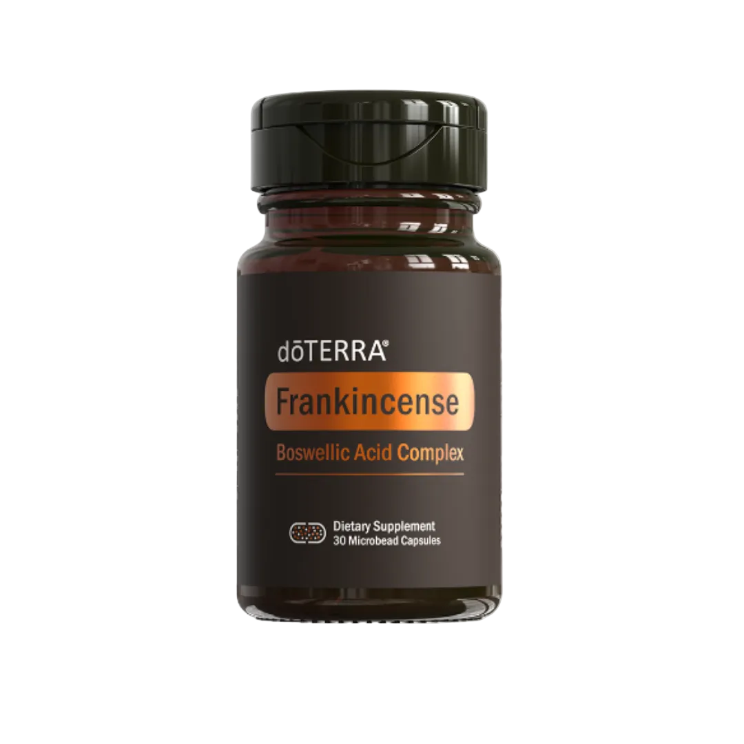 A bottle of dôtera Frankincense Boswellic Acid Complex dietary supplement with 30 capsules, emphasizing joint comfort and antioxidant support.