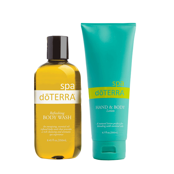 A dôTERRA Spa Basics Kit which includes a yellow bottle of spa formula body wash and a blue bottle of hand and body lotion.