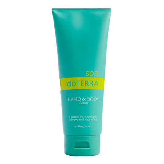 A tube of dôTERRA Spa Hand & Body Lotion with a green label and blue cap.