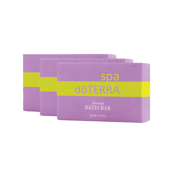 Three bars of dØTERRA Serenity Spa Bath Bar packaged in purple and yellow wrapping.