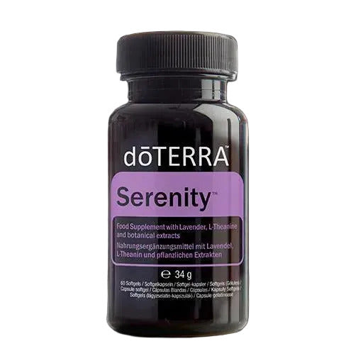 A bottle of dôTERRA Serenity supplement softgels with Lavender and other botanical extracts.